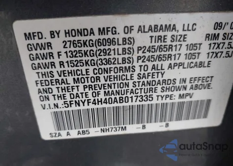 2010 Honda Pilot Ex z USA, uszkodzony, nr VIN 5FNYF4H40AB017335